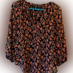 Long-Sleeved Navy & Coral Floral Blouse Size Small
